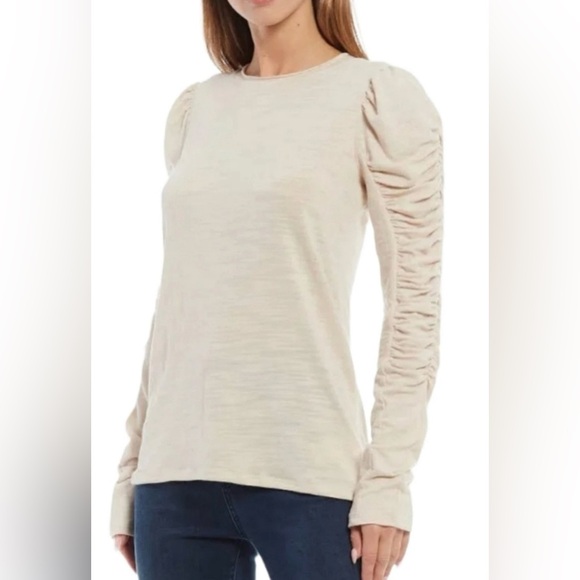 Free People Tops - Free People Natasha Tan Cream Ruched Long Sleeve Blouse Size S
